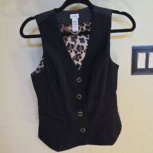 Cache Black Vest with Leopard-Print Lining and Gold Chain Detail